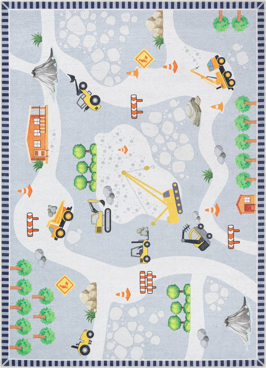 Construction Modern Grey Multi Flat-Weave Washable Kids Rug W-KD-06A