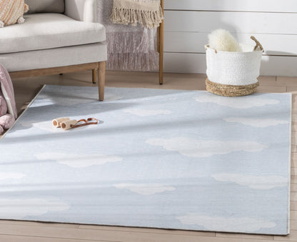 Cloud 9 Modern Grey Blue Flat-Weave Washable Kids Rug W-KD-07B