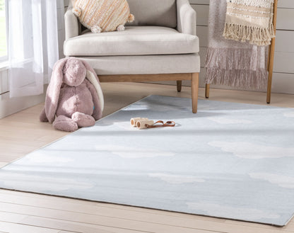 Cloud 9 Modern Grey Blue Flat-Weave Washable Kids Rug W-KD-07B