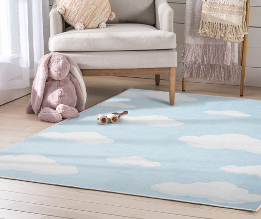Cloud 9 Modern Light Blue Flat-Weave Washable Kids Rug W-KD-07F