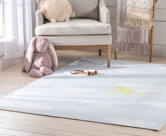 Cloud 9 Sun Modern Grey Light Blue Flat-Weave Washable Kids Rug W-KD-07K