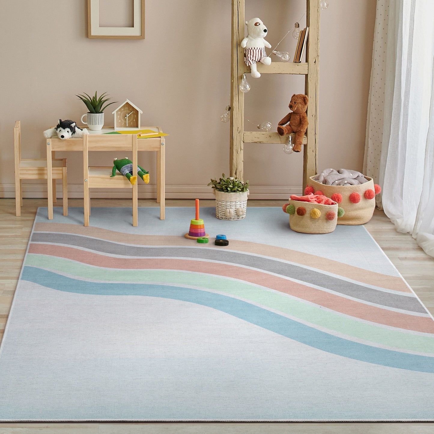 Curved Rainbow Modern Multi Color Pastel Flat-Weave Washable Area Rug W-KD-12A