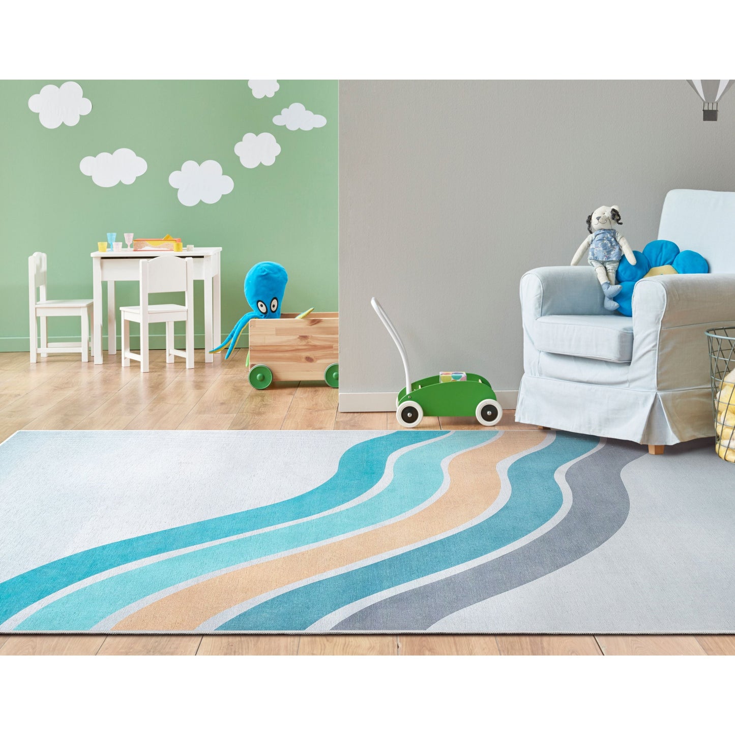Curved Rainbow Modern Multi Color Blue Flat-Weave Washable Area Rug W-KD-12C