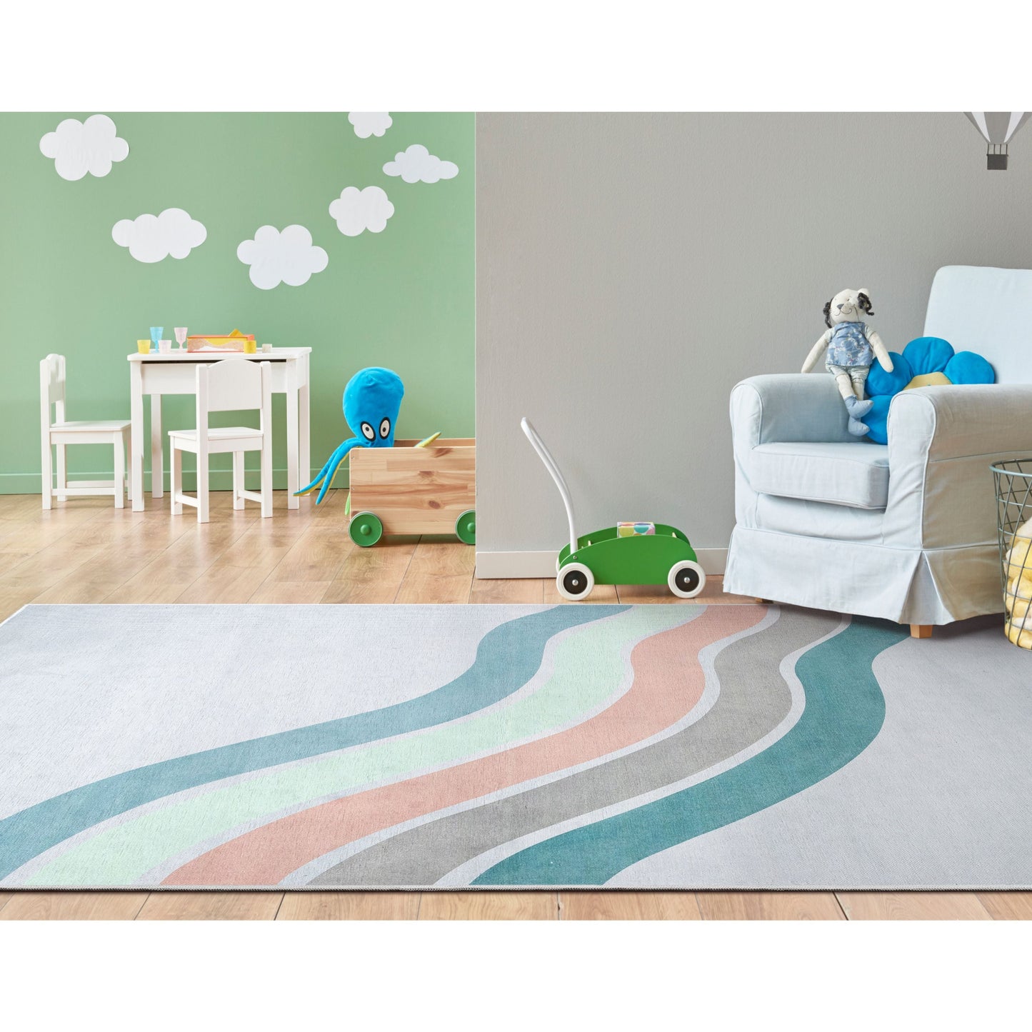 Curved Rainbow Modern Multi Color Green Flat-Weave Washable Area Rug W-KD-12D