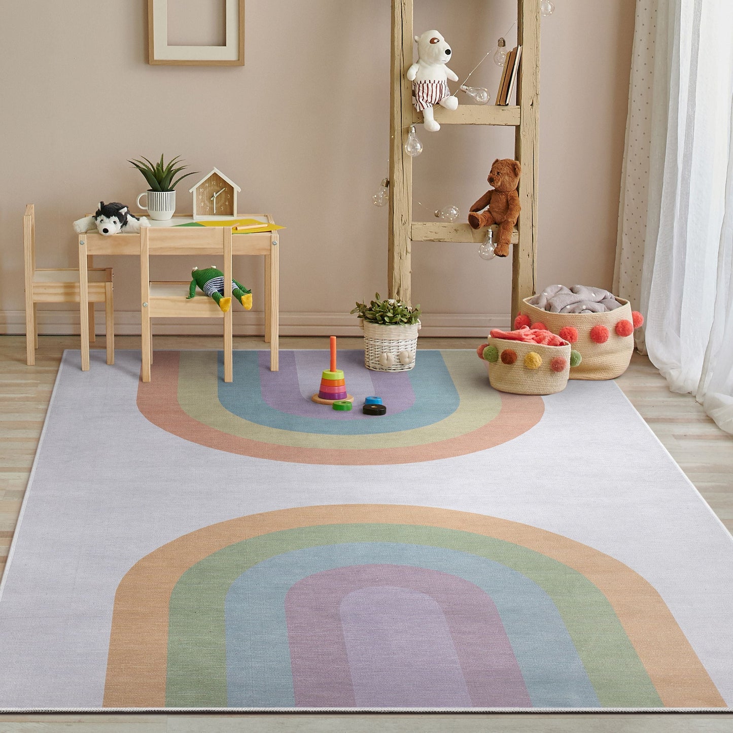 Rainbow Watercolor Modern Multi Color Flat-Weave Washable Area Rug W-KD-13B