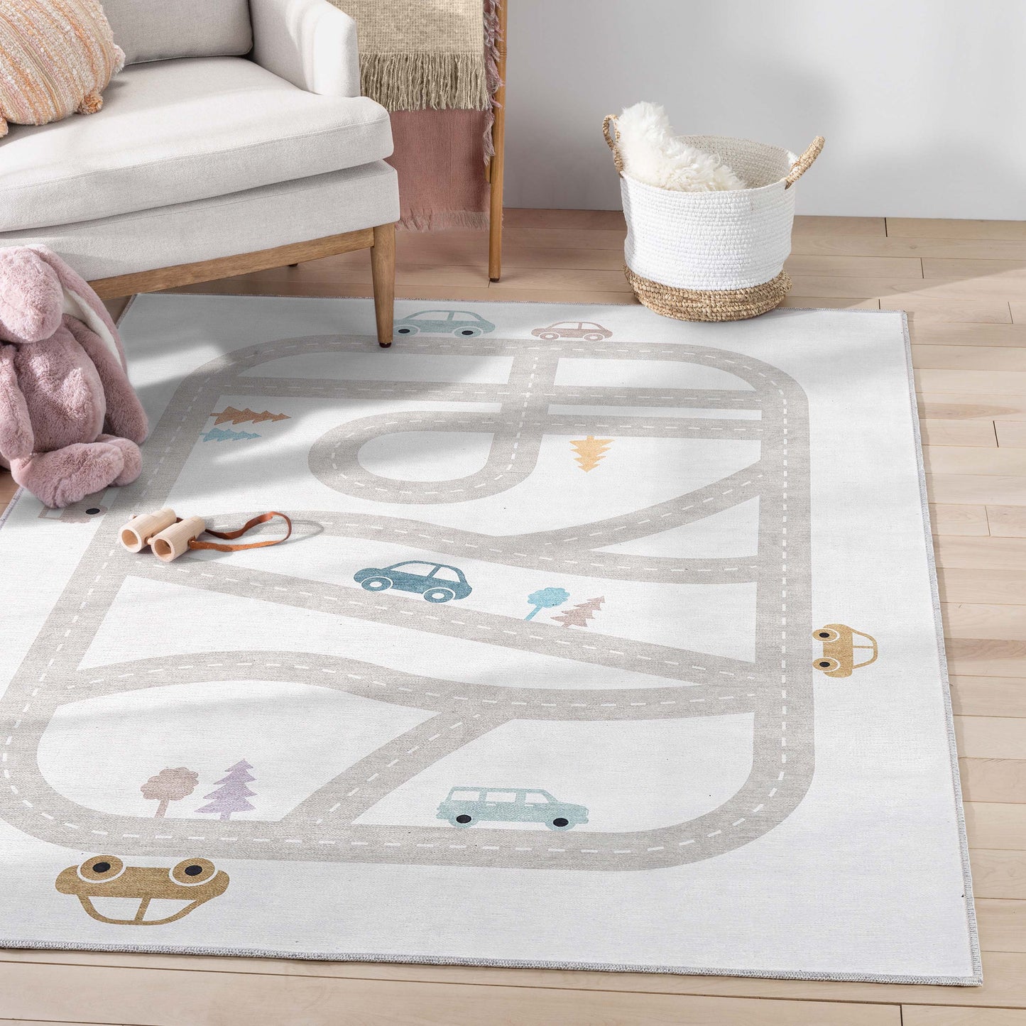 Playful Roads Modern Grey Flat-Weave Washable Area Rug W-KD-19A