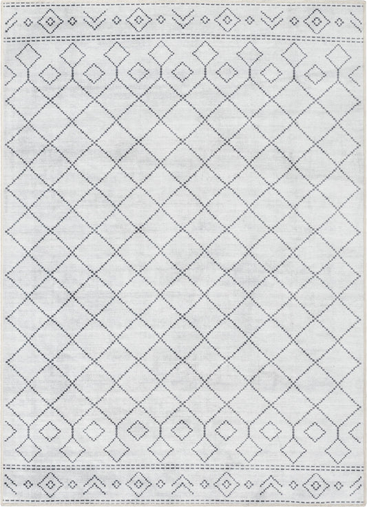Anastasia Moroccan Trellis Pattern Ivory Grey Flat-Weave Washable Area Rug W-MR-01A