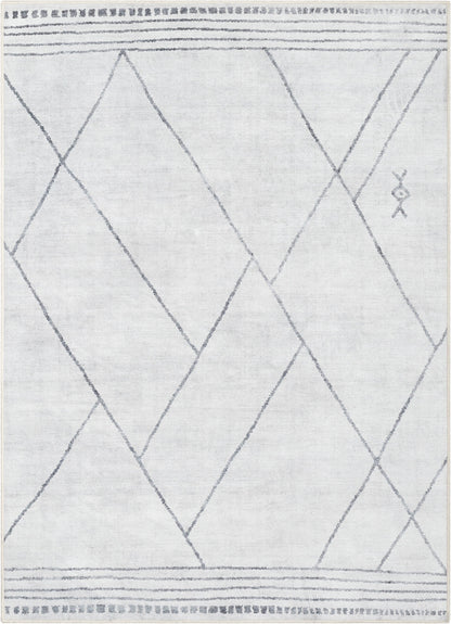 Bryn Moroccan Lattice Trellis Ivory Grey Flat-Weave Washable Area Rug W-MR-02A