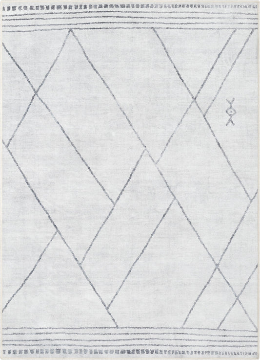 Bryn Moroccan Lattice Trellis Ivory Grey Flat-Weave Washable Area Rug W-MR-02A