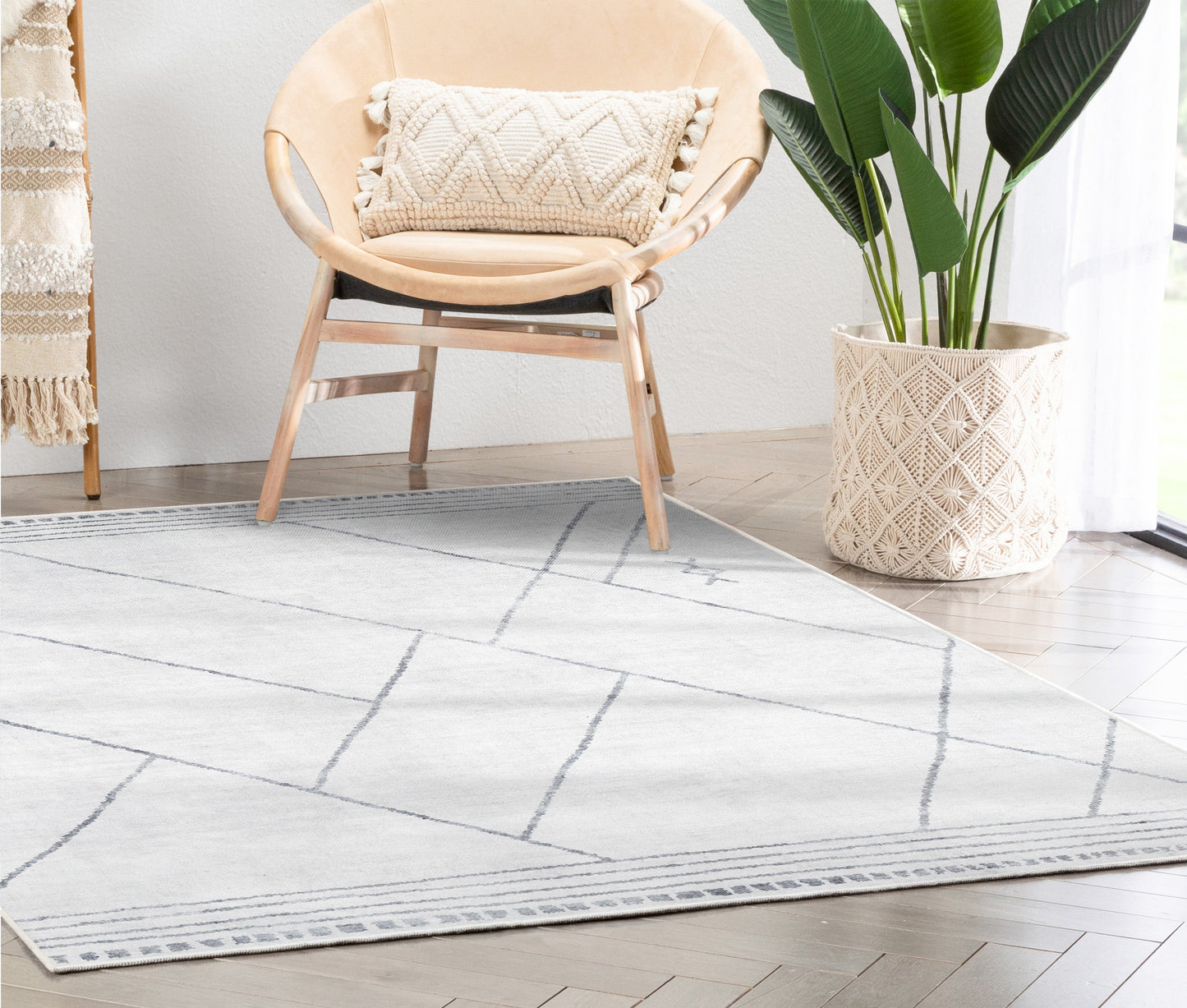 Bryn Moroccan Lattice Trellis Ivory Grey Flat-Weave Washable Area Rug W-MR-02A