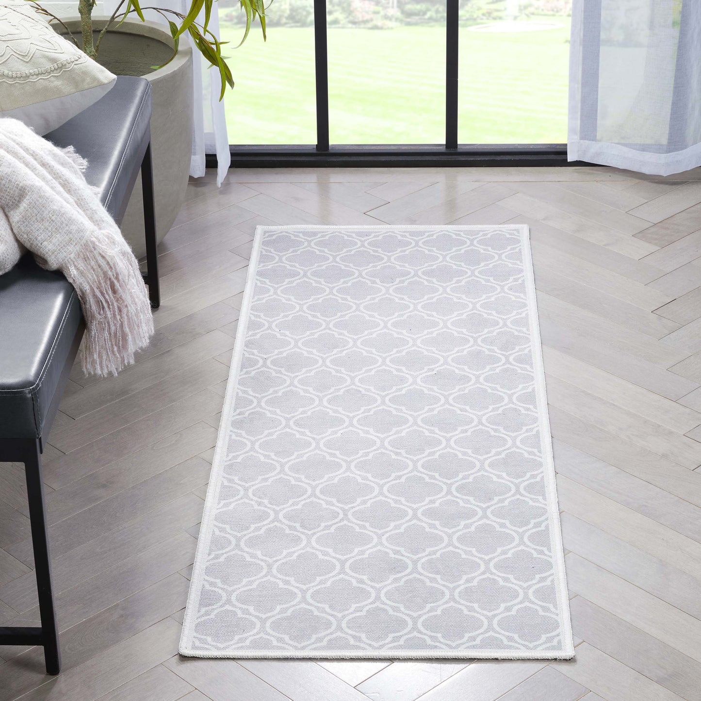 Lattice Moroccan Trellis Grey Washable Rug W-MR-04B