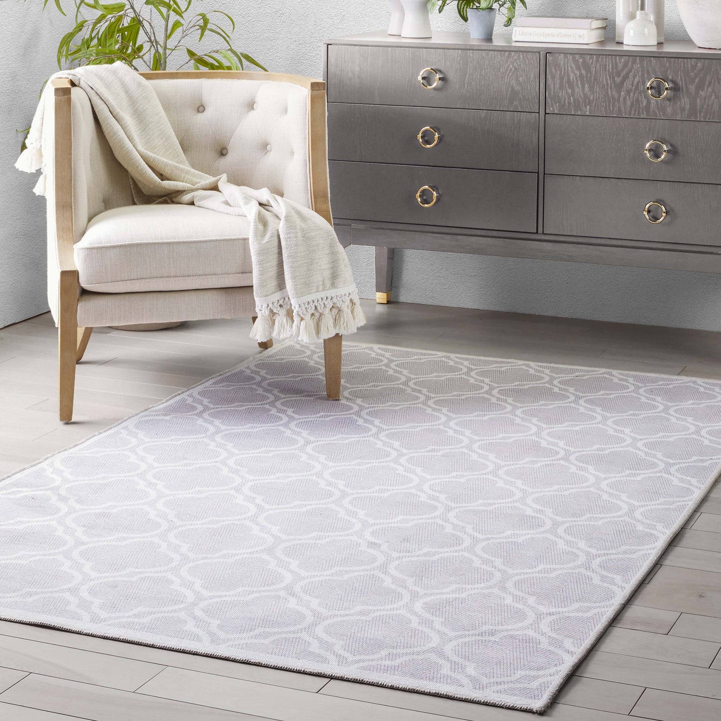 Lattice Moroccan Trellis Grey Washable Rug W-MR-04B