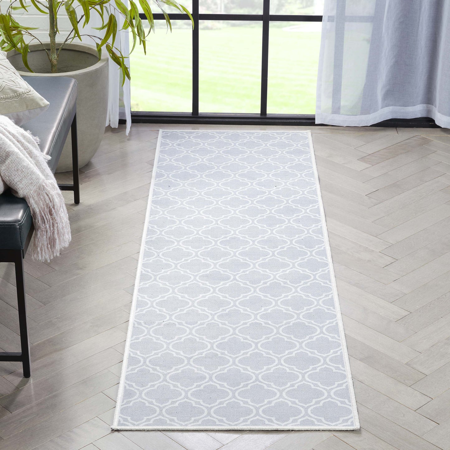 Lattice Moroccan Trellis Grey Washable Rug W-MR-04B