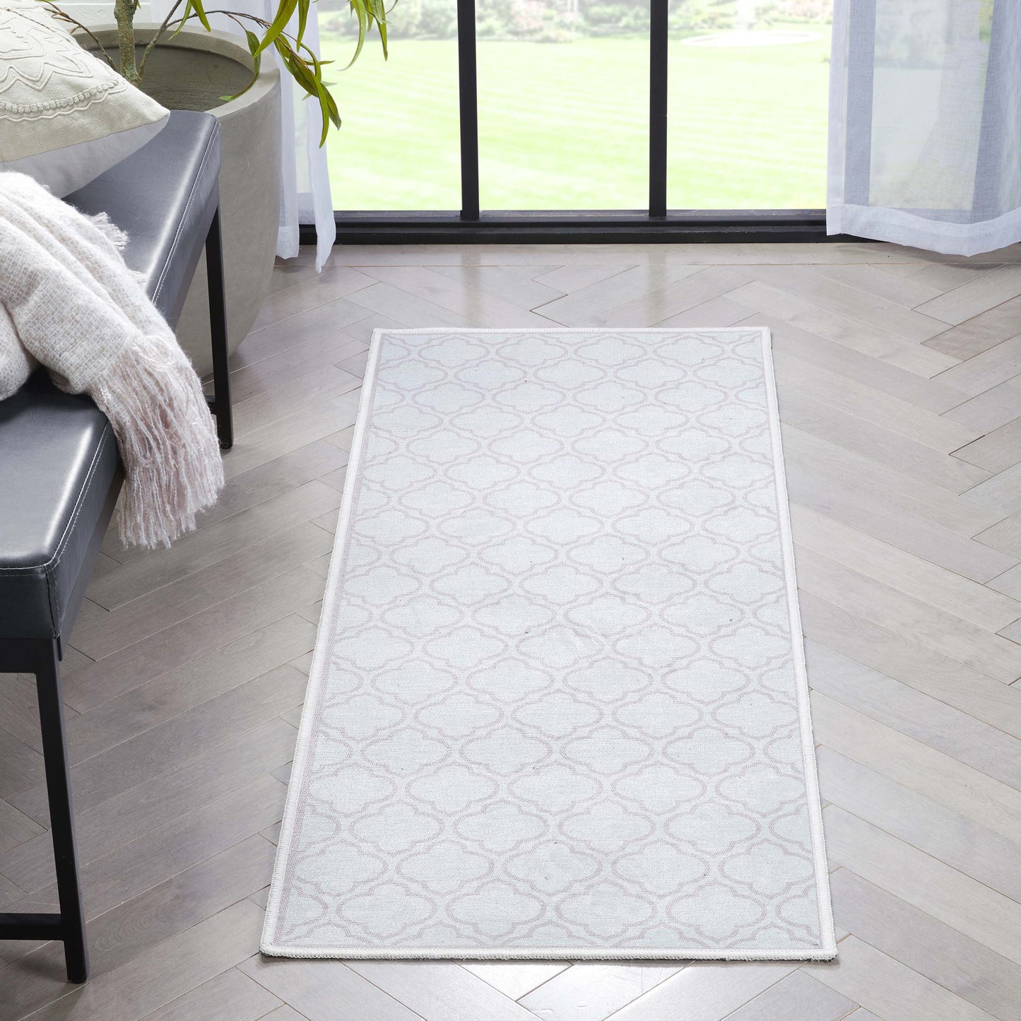 Lattice Moroccan Trellis Ivory Washable Rug W-MR-04C