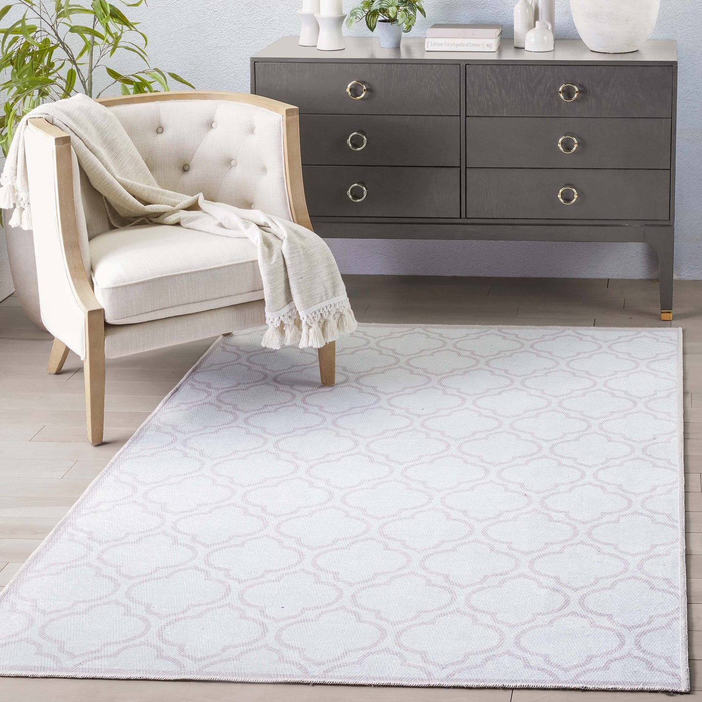 Lattice Moroccan Trellis Ivory Washable Rug W-MR-04C