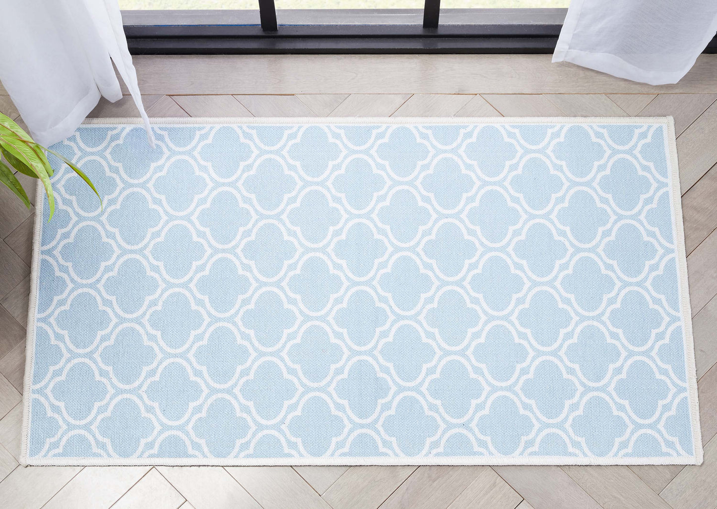 Lattice Moroccan Trellis Light Blue Ivory Washable Rug W-MR-04G