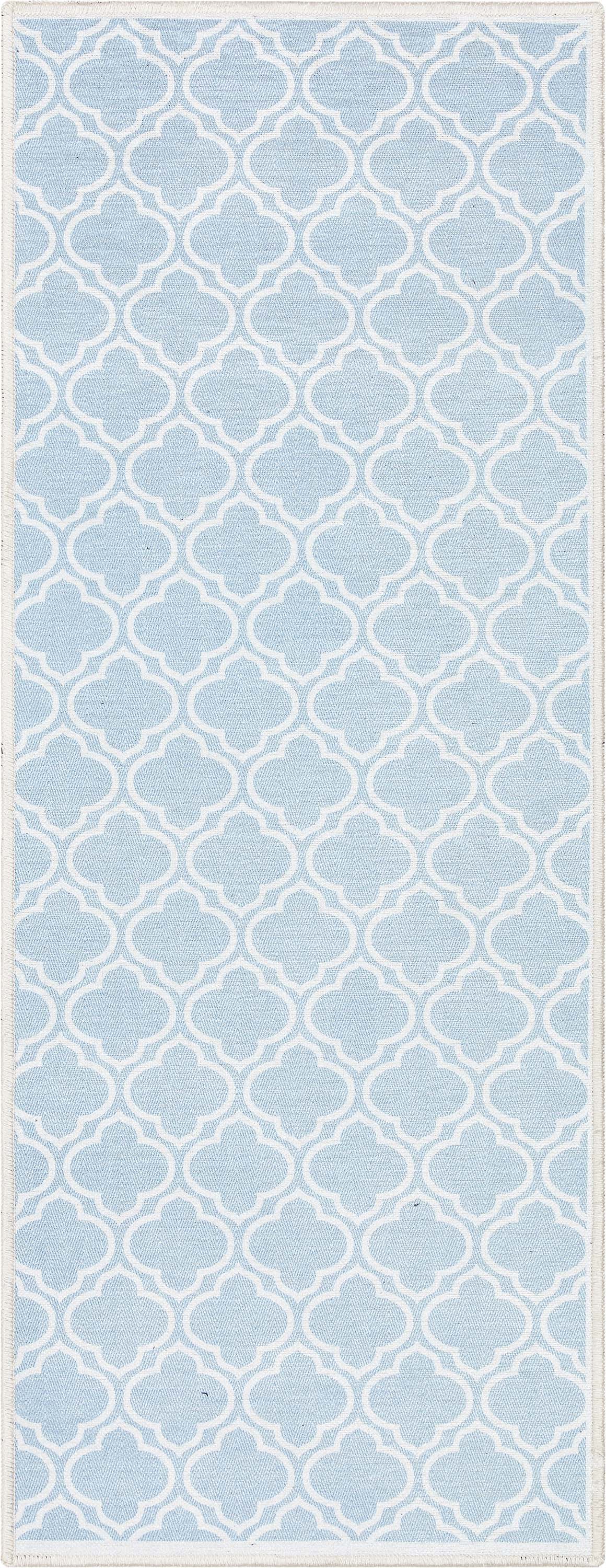 Lattice Moroccan Trellis Light Blue Ivory Washable Rug W-MR-04G