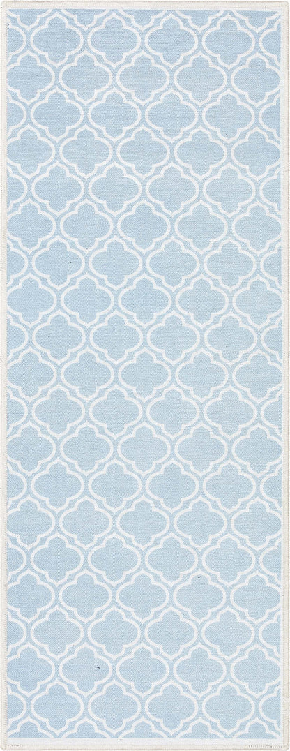 Lattice Moroccan Trellis Light Blue Ivory Washable Rug W-MR-04G