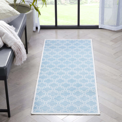 Lattice Moroccan Trellis Light Blue Ivory Washable Rug W-MR-04G