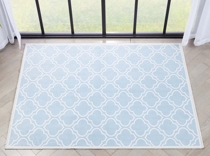 Lattice Moroccan Trellis Light Blue Ivory Washable Rug W-MR-04G