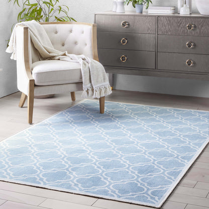 Lattice Moroccan Trellis Light Blue Ivory Washable Rug W-MR-04G