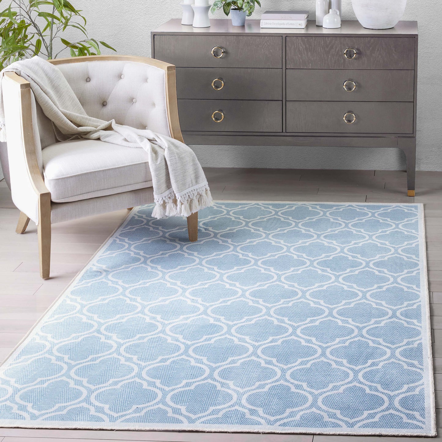 Lattice Moroccan Trellis Light Blue Ivory Washable Rug W-MR-04G