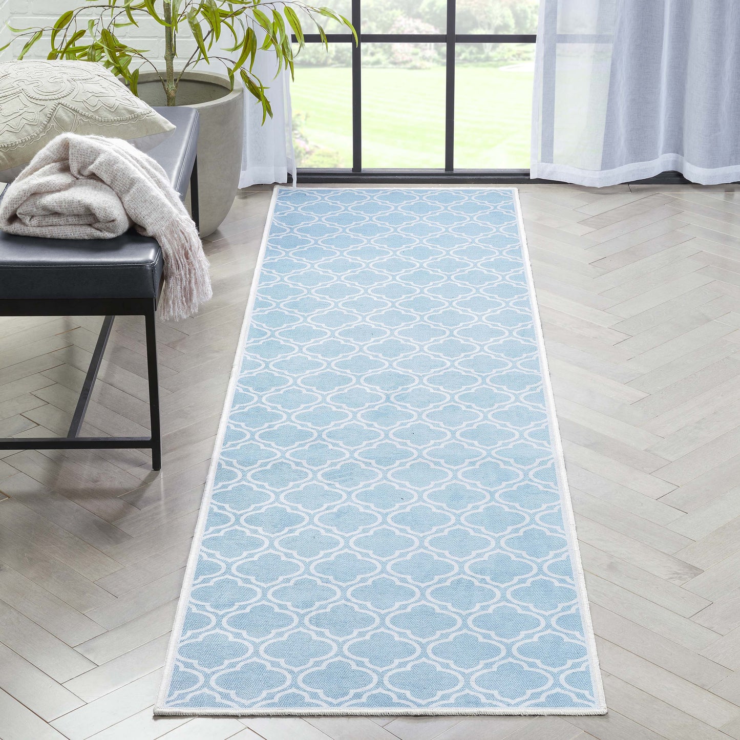 Lattice Moroccan Trellis Light Blue Ivory Washable Rug W-MR-04G