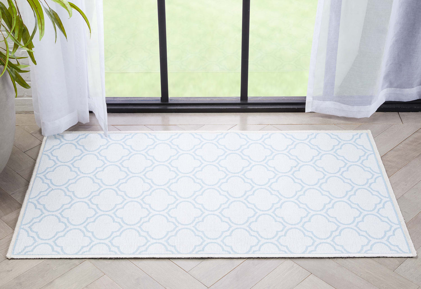 Lattice Moroccan Trellis Ivory Light Blue Washable Rug W-MR-04H