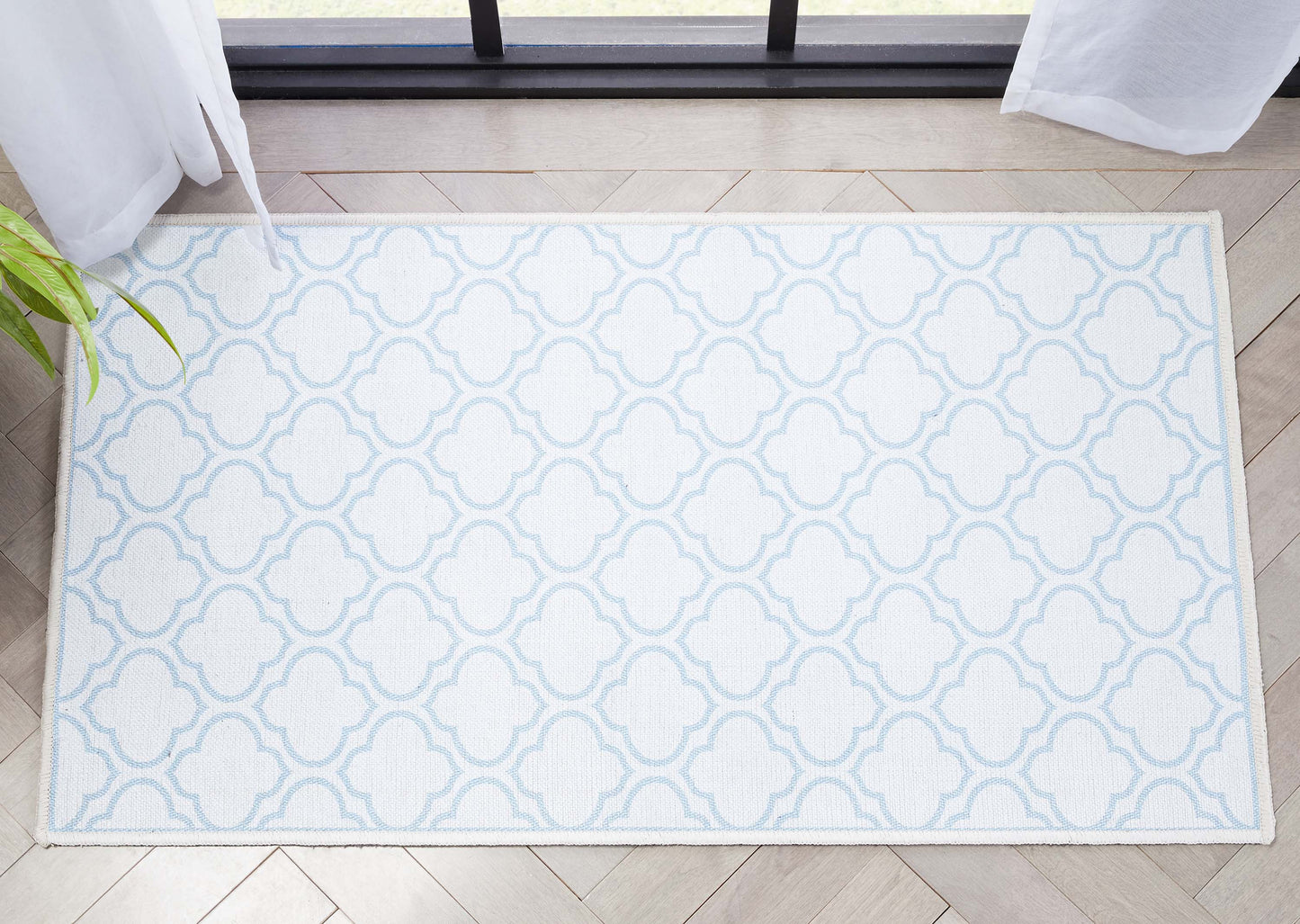 Lattice Moroccan Trellis Ivory Light Blue Washable Rug W-MR-04H