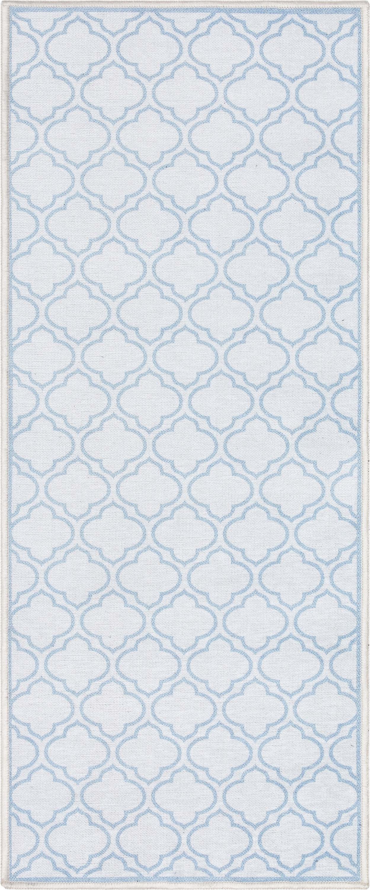 Lattice Moroccan Trellis Ivory Light Blue Washable Rug W-MR-04H