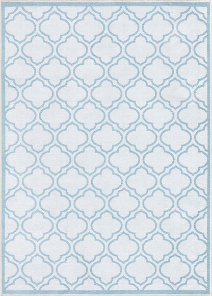 Lattice Moroccan Trellis Ivory Light Blue Washable Rug W-MR-04H