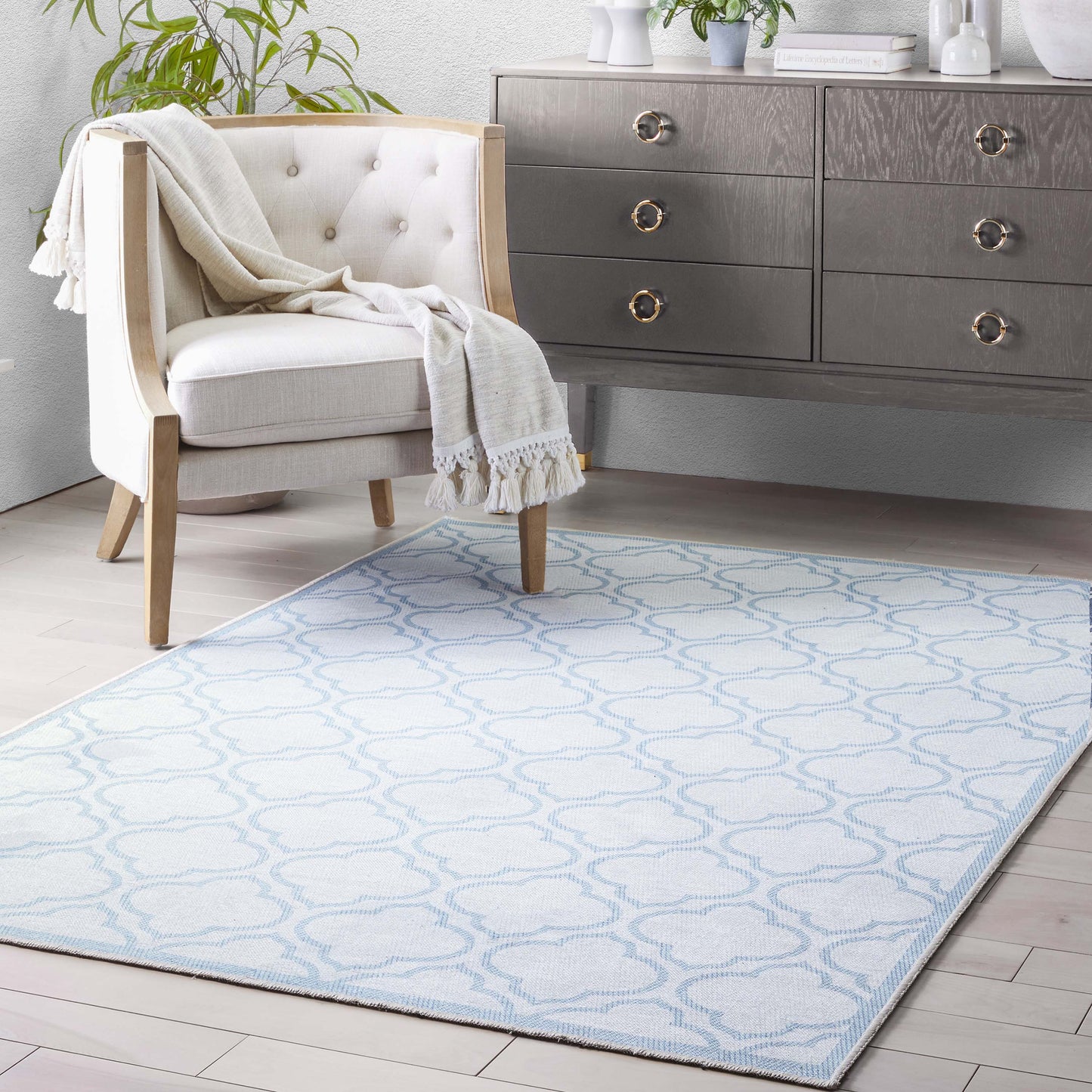 Lattice Moroccan Trellis Ivory Light Blue Washable Rug W-MR-04H