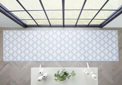 Lattice Moroccan Trellis Ivory Light Blue Washable Rug W-MR-04H