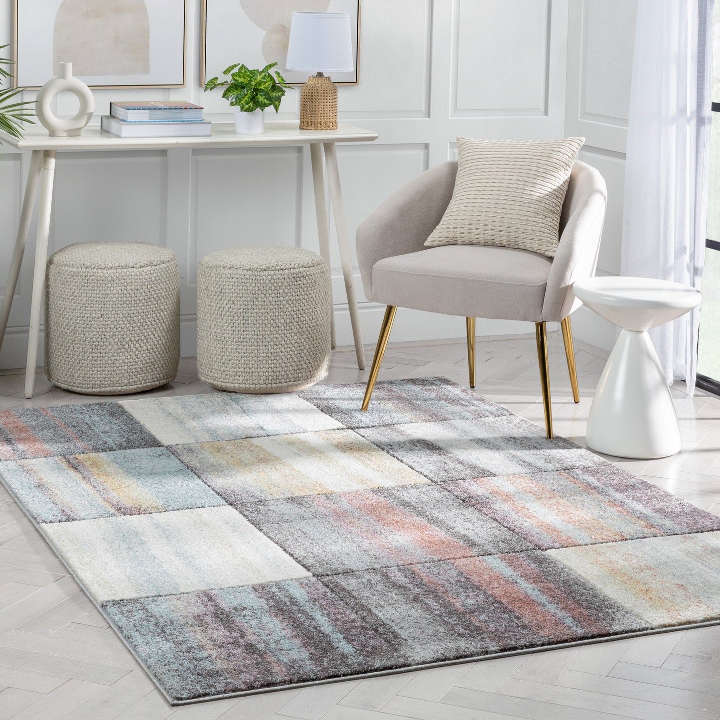 Laughlin Mid-Century Modern Geometric Boxes Blue Multi 3D Textured Rug WH-134