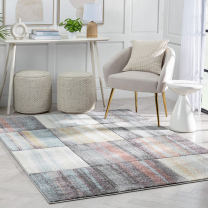 Laughlin Mid-Century Modern Geometric Boxes Blue Multi 3D Textured Rug WH-134