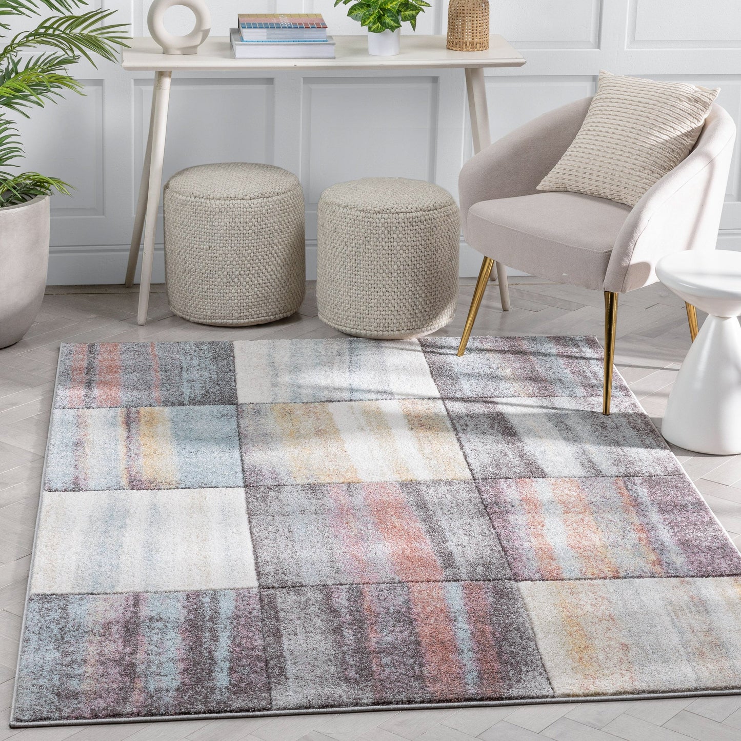 Laughlin Mid-Century Modern Geometric Boxes Blue Multi 3D Textured Rug WH-134