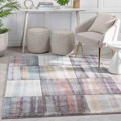 Laughlin Mid-Century Modern Geometric Boxes Blue Multi 3D Textured Rug WH-134