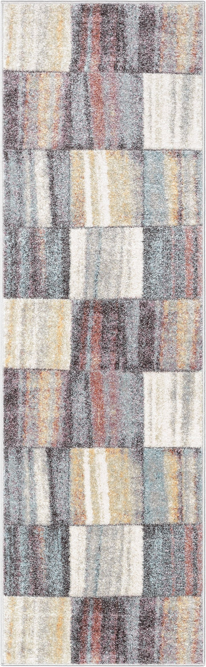 Laughlin Mid-Century Modern Geometric Boxes Blue Multi 3D Textured Rug WH-134