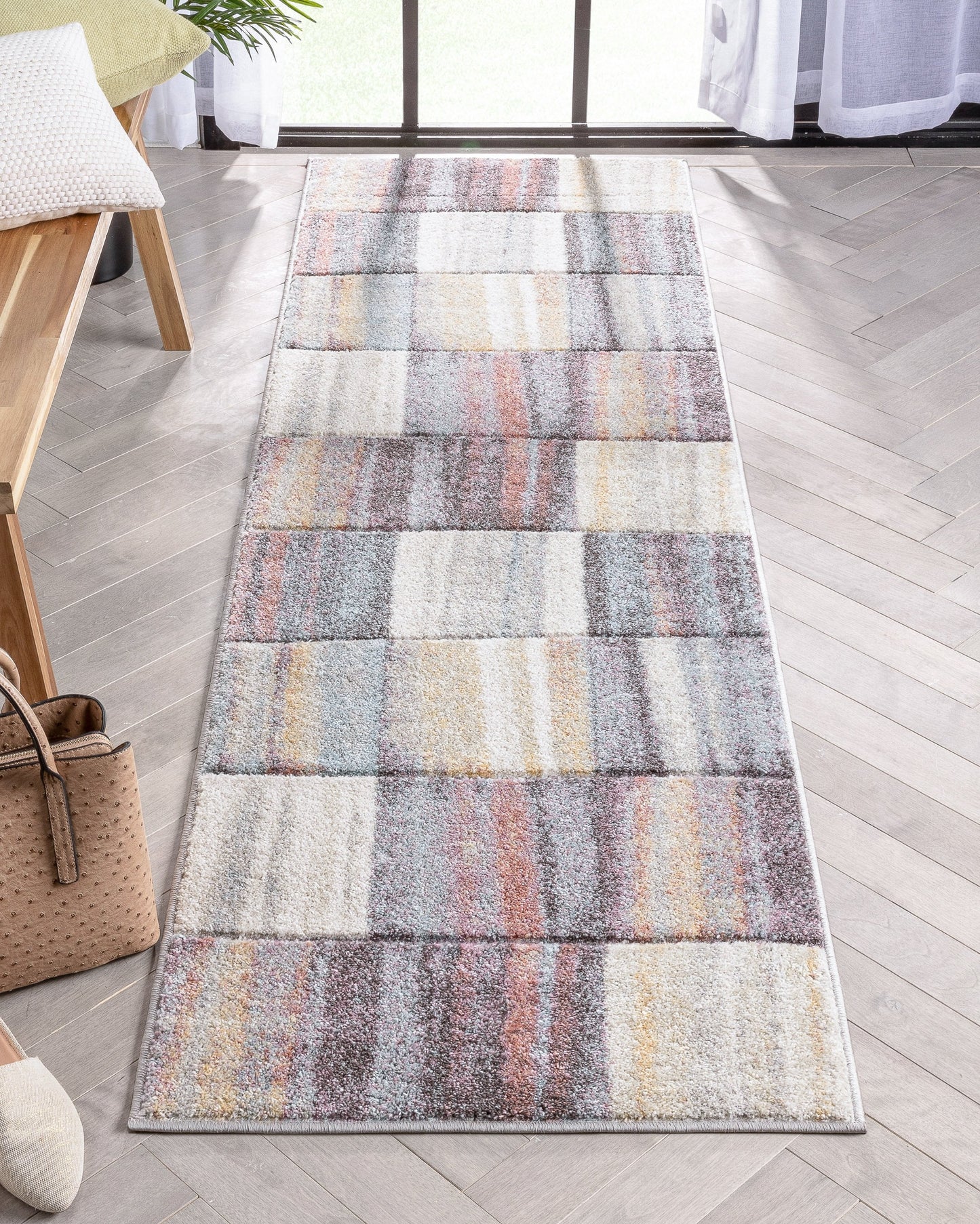 Laughlin Mid-Century Modern Geometric Boxes Blue Multi 3D Textured Rug WH-134