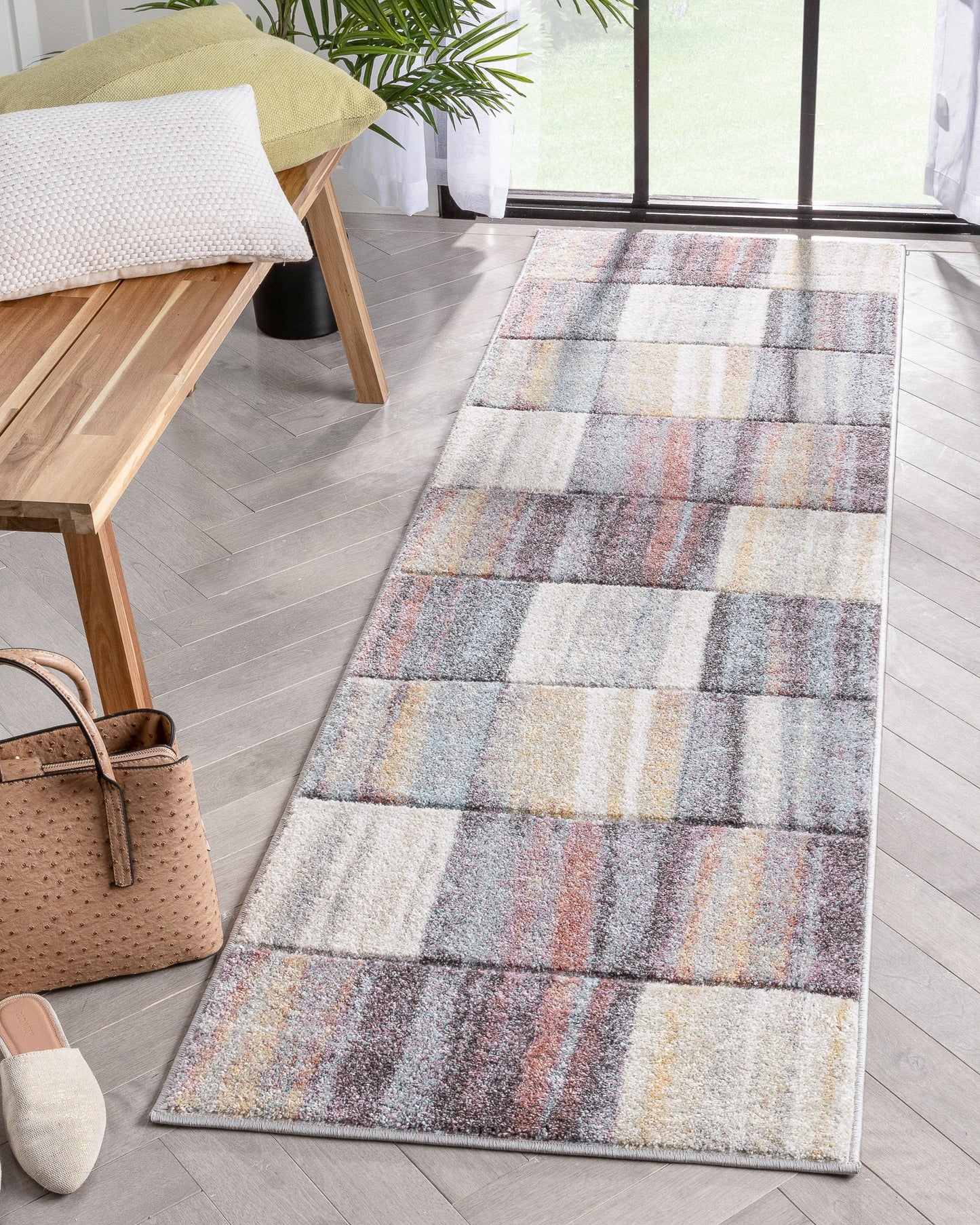 Laughlin Mid-Century Modern Geometric Boxes Blue Multi 3D Textured Rug WH-134