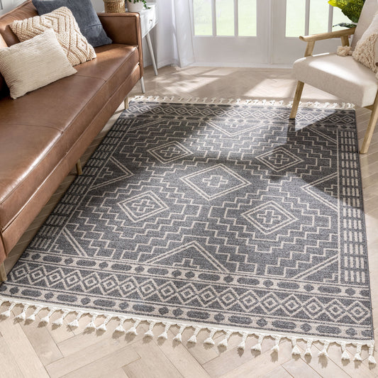 Zafer Tribal Geometric Pattern Charcoal Kilim-Style RugLDL-213