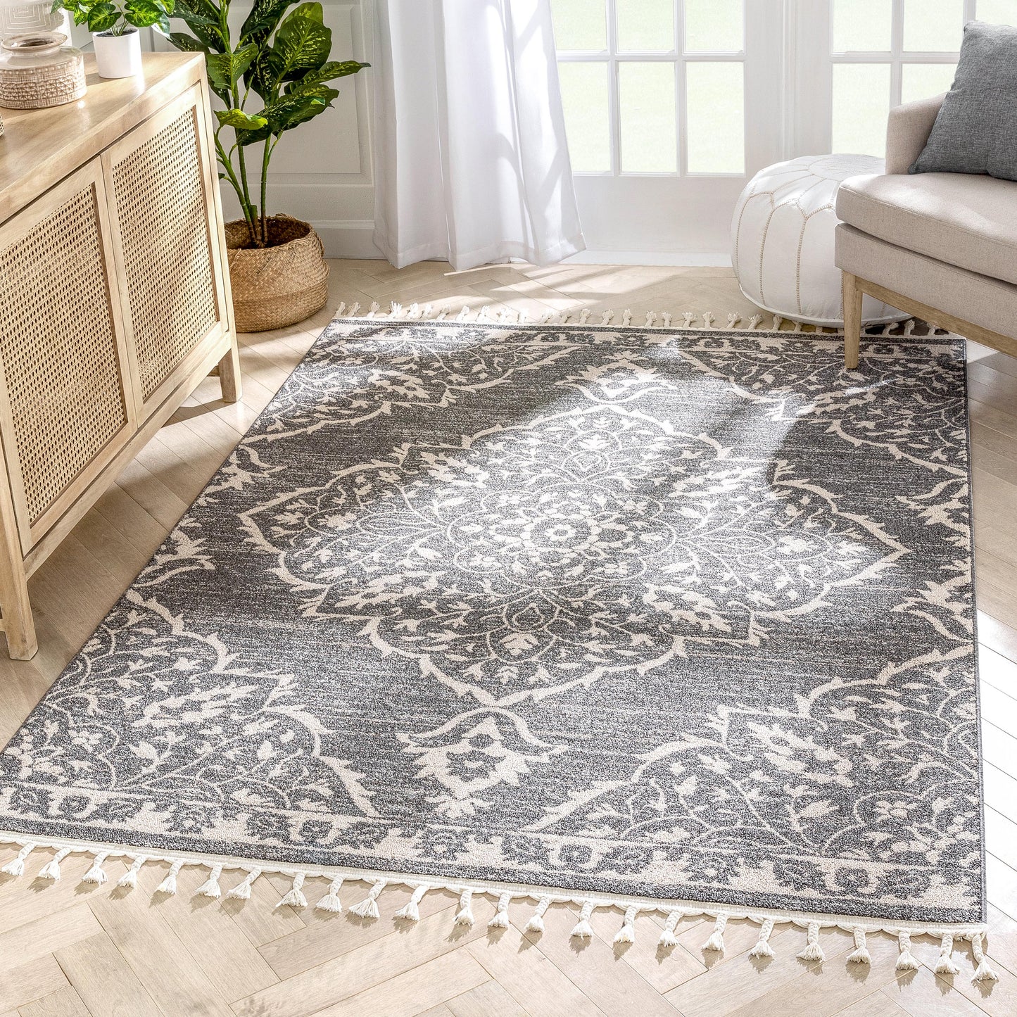 Mara Medallion Botanical Pattern Grey Kilim-Style RugLDL-237