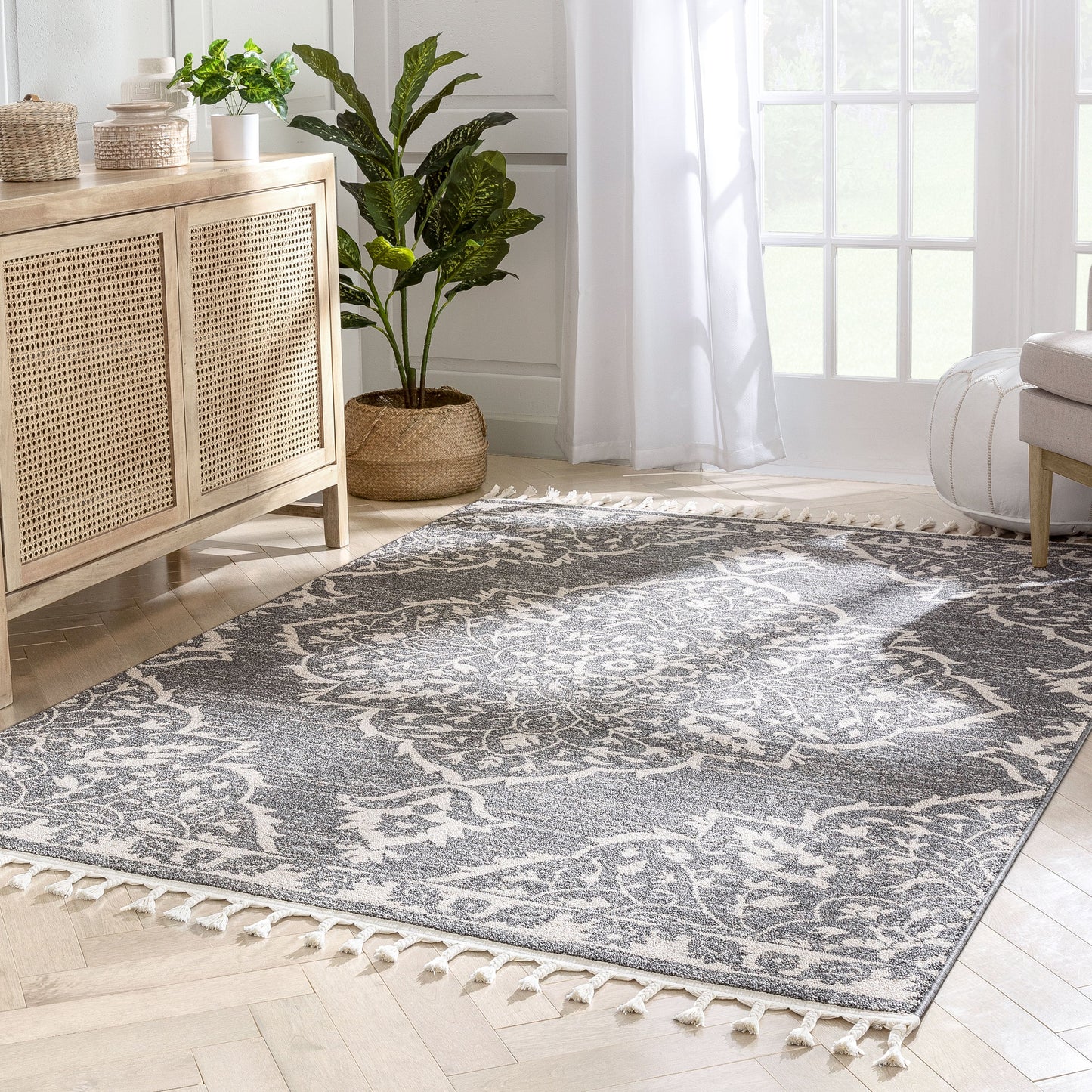 Mara Medallion Botanical Pattern Grey Kilim-Style RugLDL-237