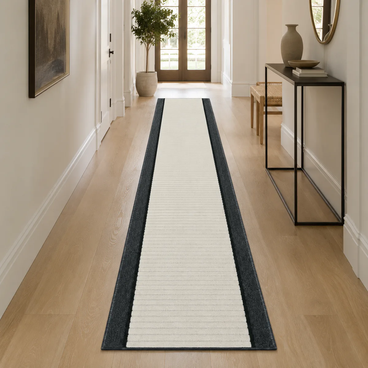 Essential Lane Stone bordered-rib roll runner styled in a bright hallway — trade preview