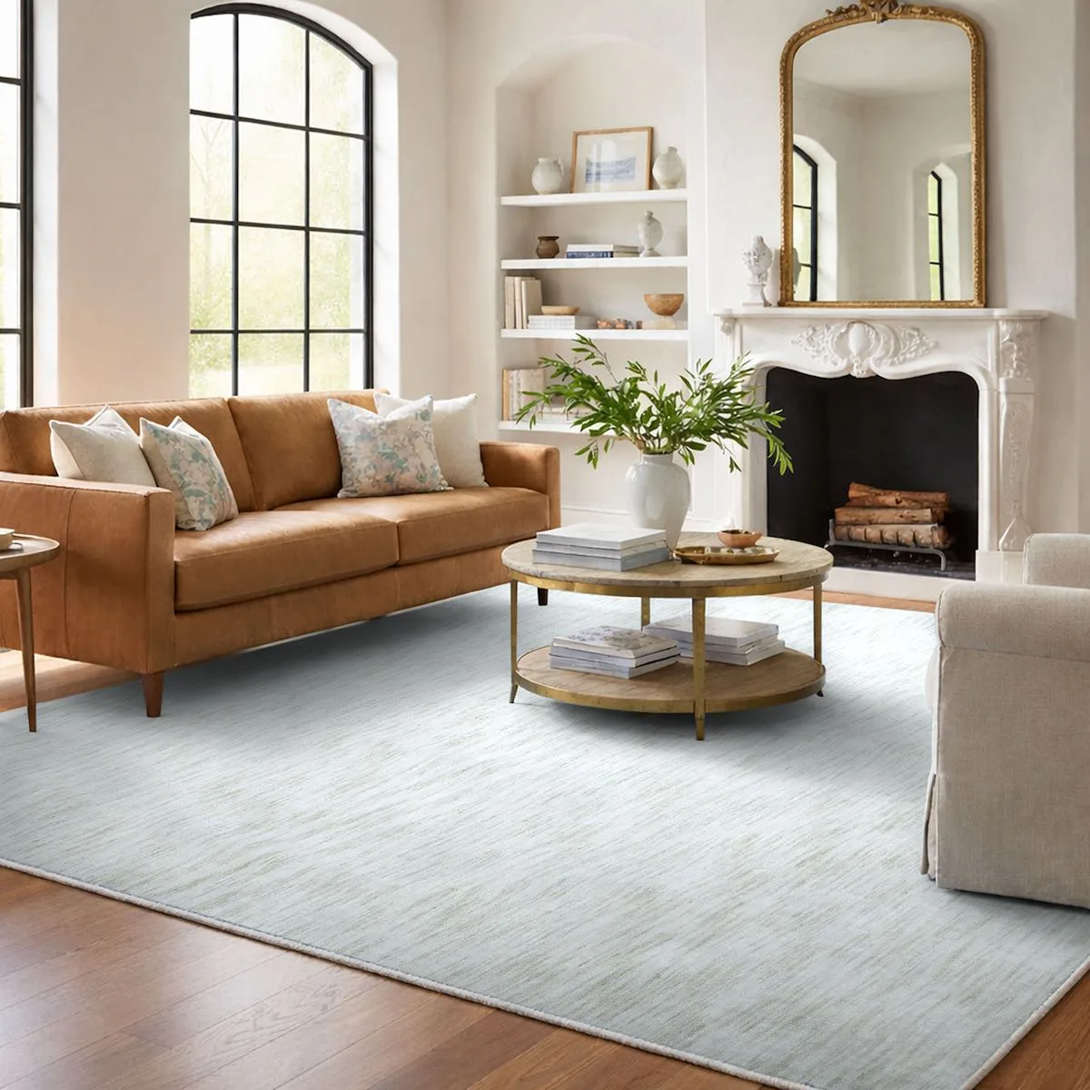 Coda Moor washable rug in a bright living room with a caramel sofa