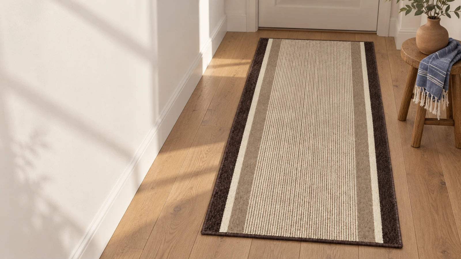 Cream and brown border runner in a sunlit hallway