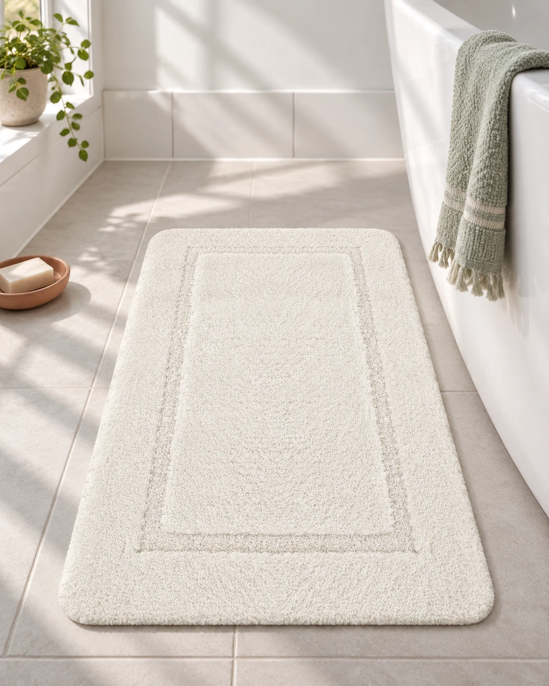 Plush ivory bath mat beside a tub in afternoon light