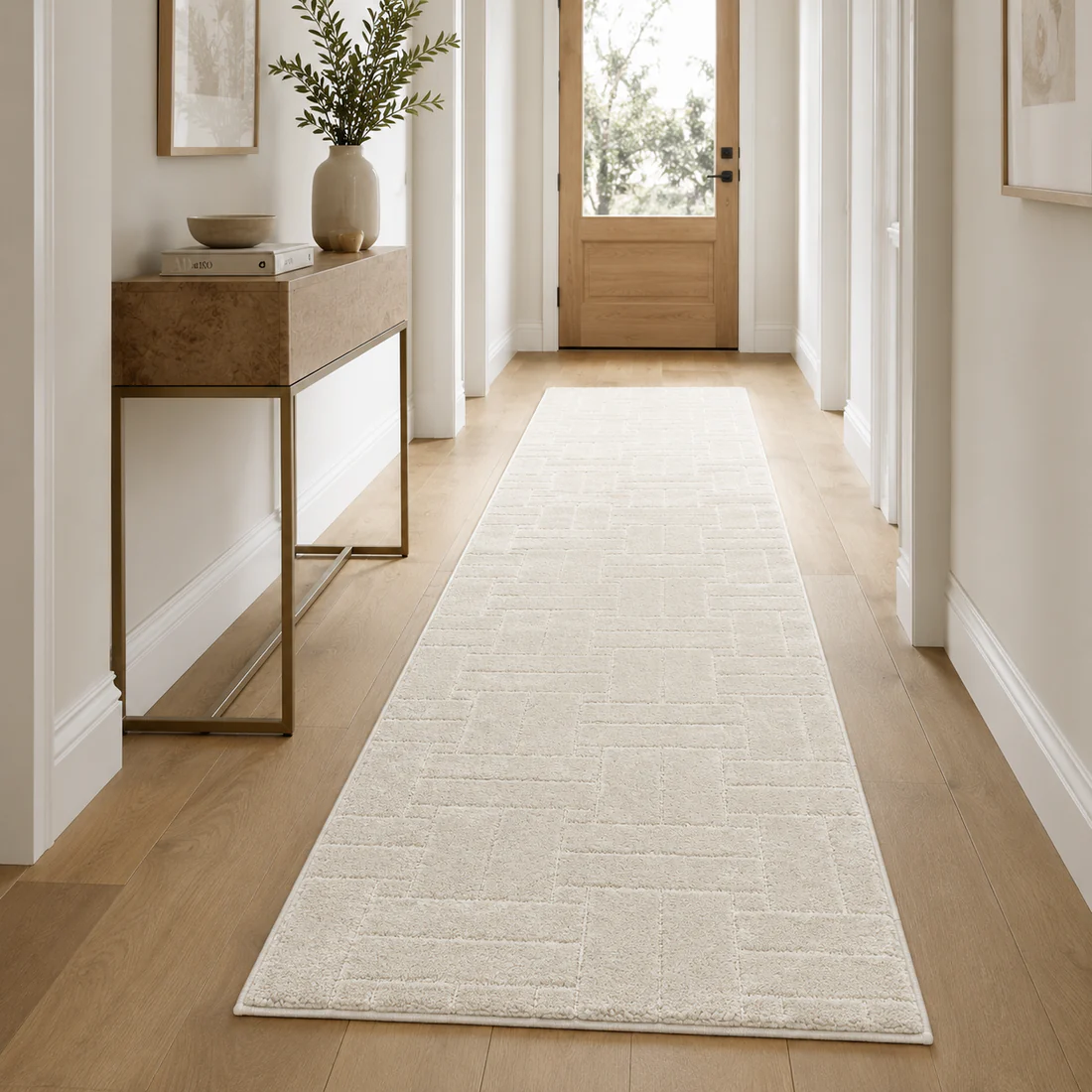 Serenity Soft Parquet Ivory runner styled in a hallway