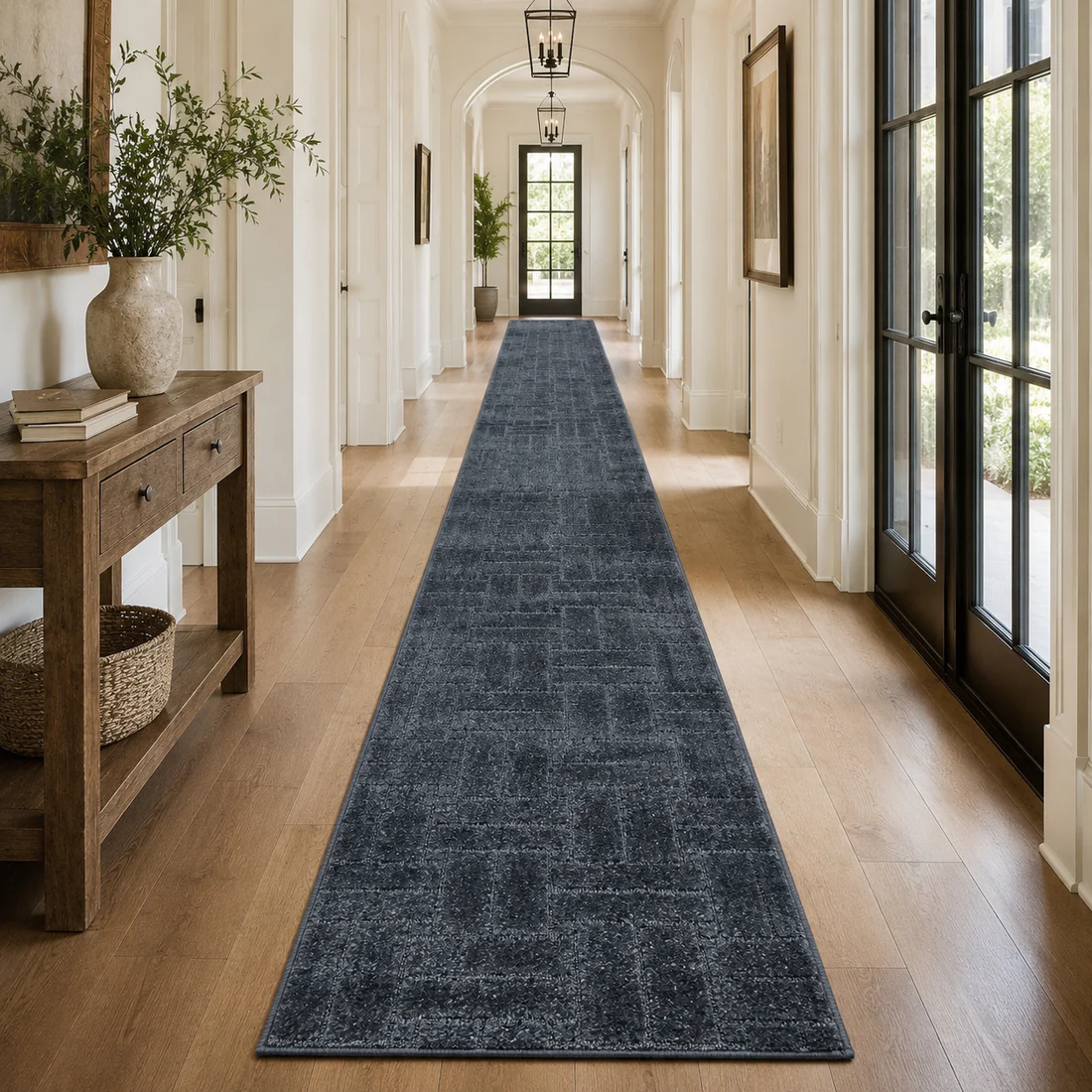 Serenity Soft Parquet Midnight runner styled in a hallway