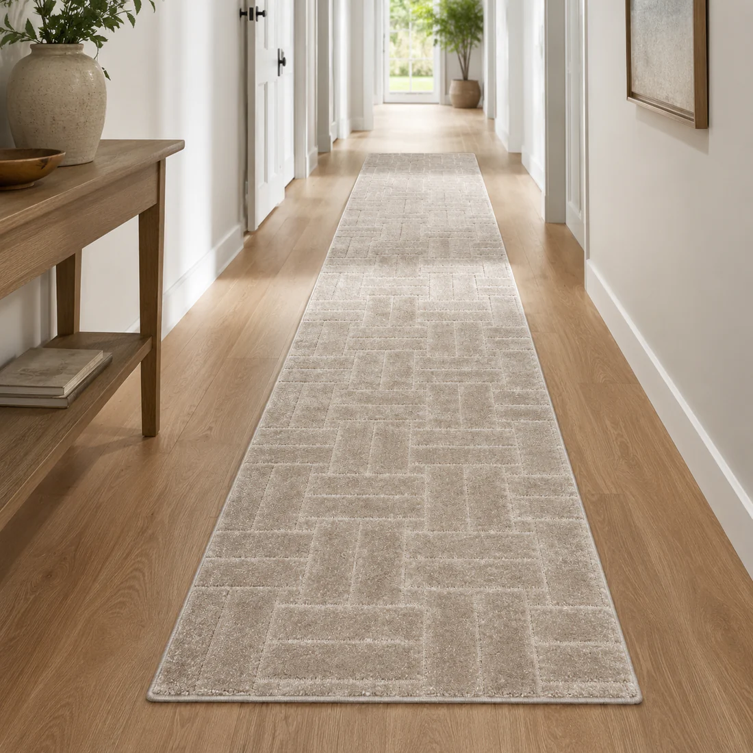 Serenity Soft Parquet Truffle runner styled in a hallway
